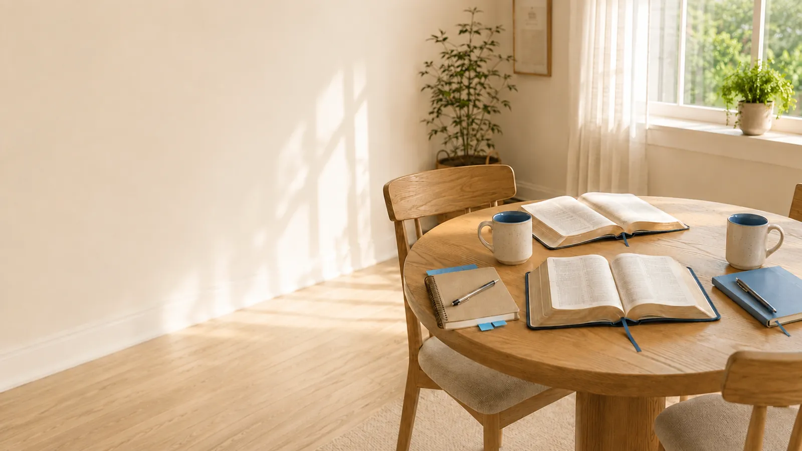 Open Bibles and coffee mugs on a sunlit table